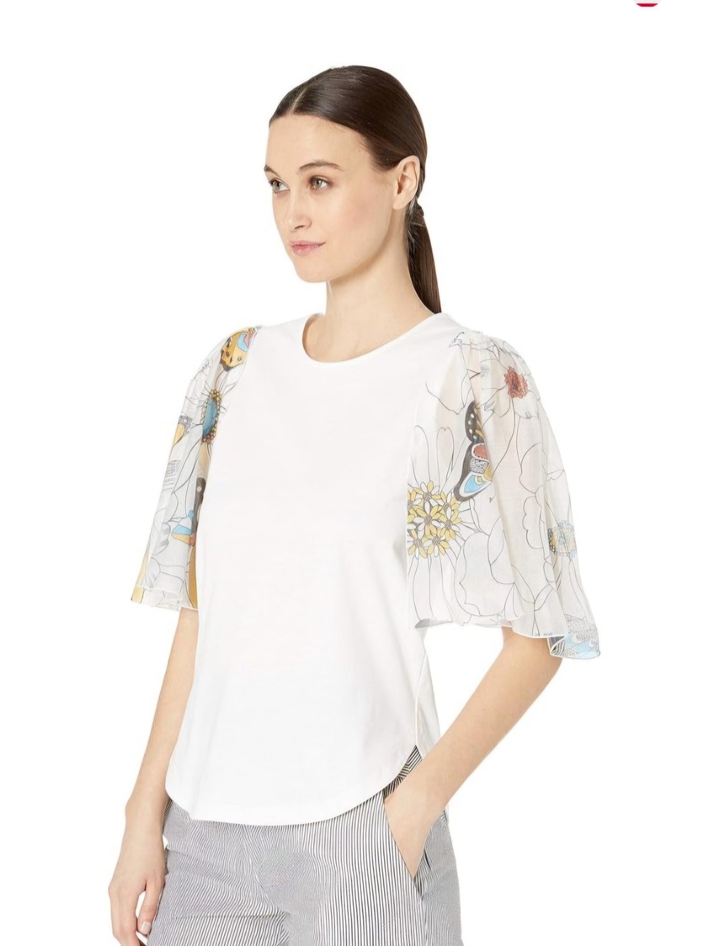 See By Chloe White Tee with Sheer Floral Flutter Sleeves